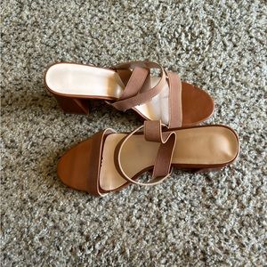 Neutral Brown Strap Block Heel Casual Comfortable Size 10